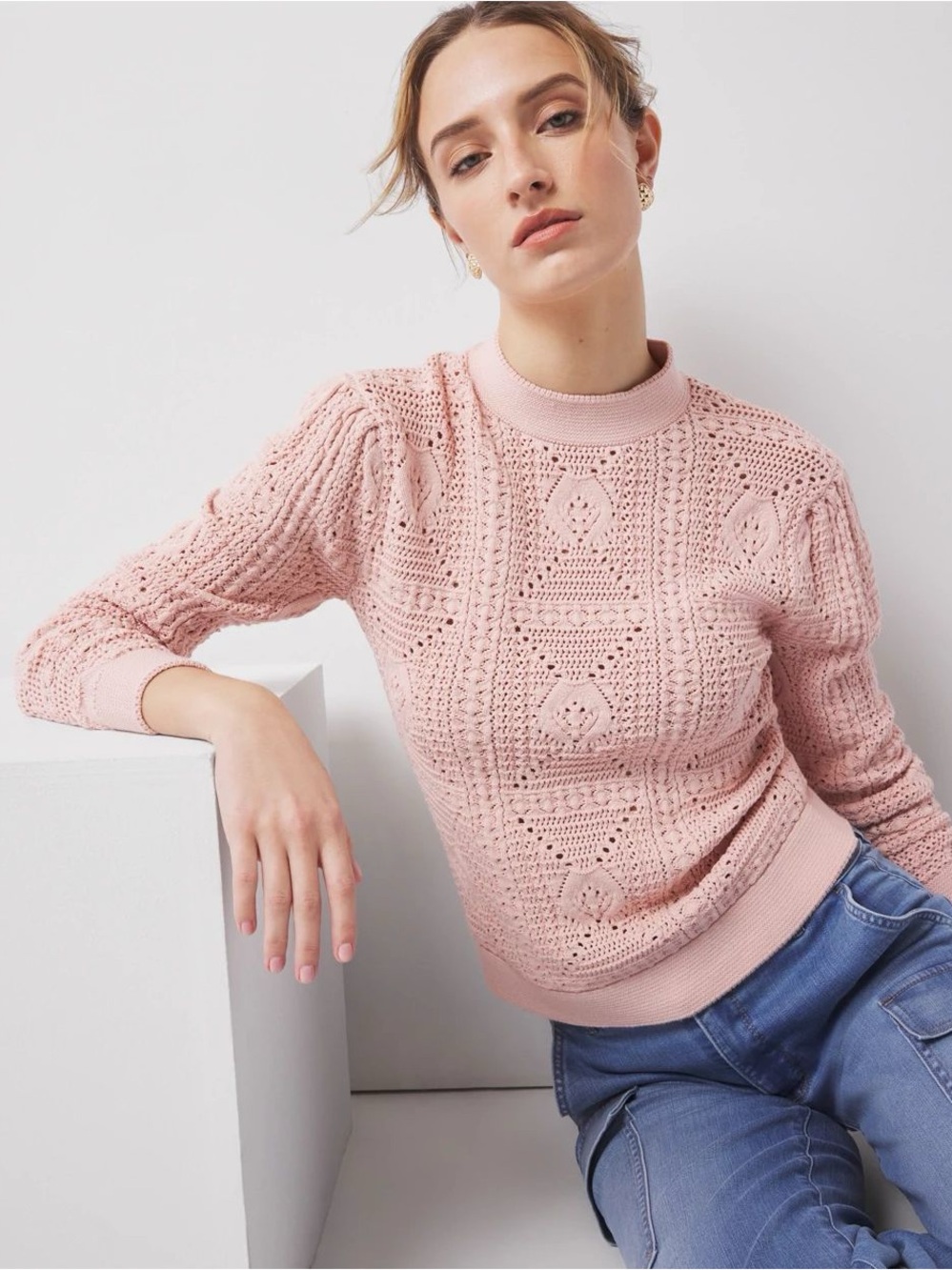 White House Black Market Rose Smoke Crochet Mock Neck Pullover NWT XSP